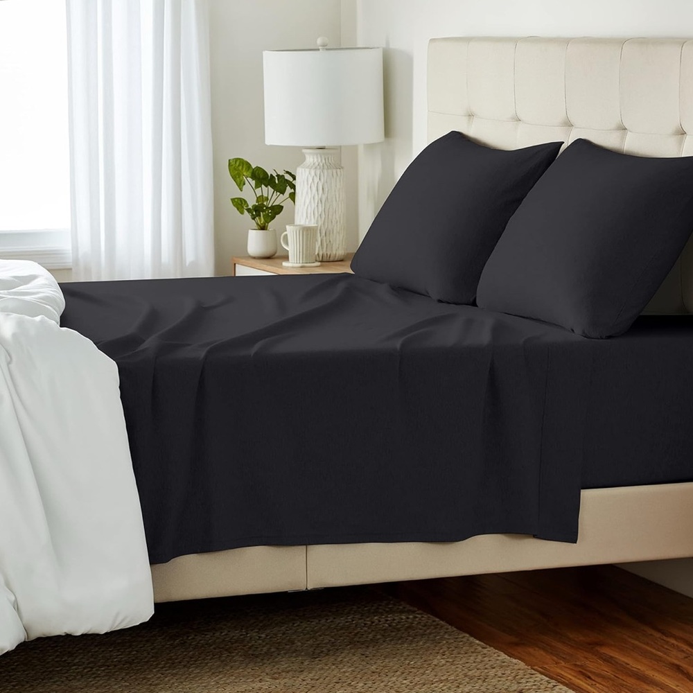 4 Piece Bed Sheet Set, 100% Cotton Jersey, Includes Super Soft, Black, Solid